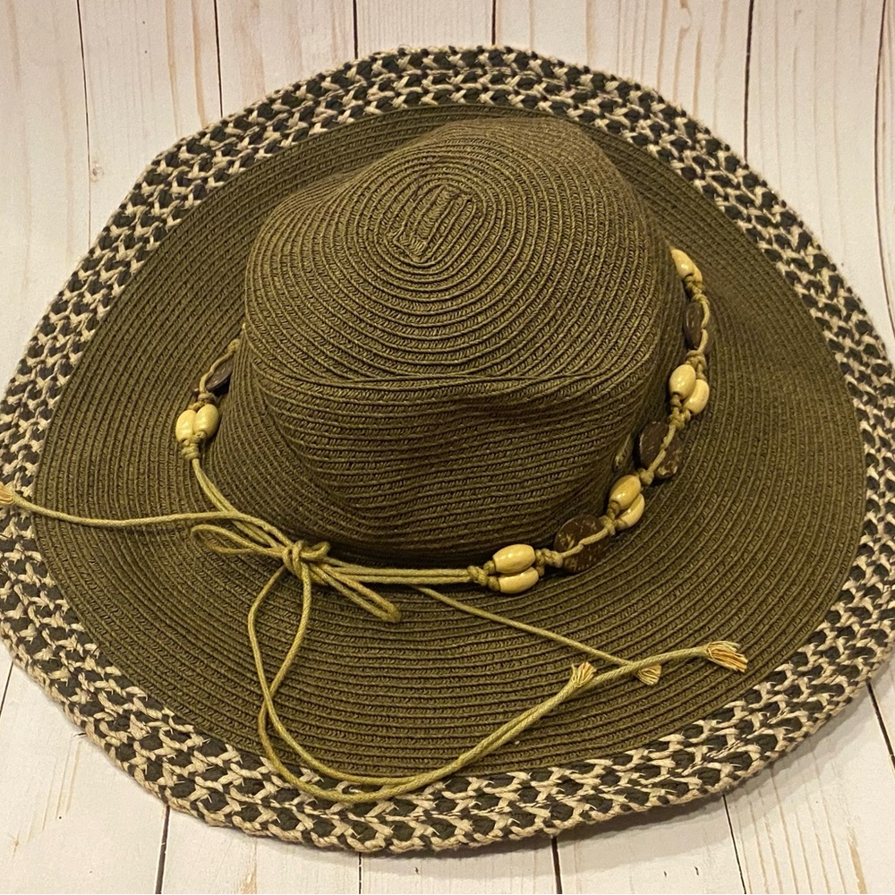 Karen Keith Wide Brim Boho Hat Women's Beeded‎ Olive Size Medium